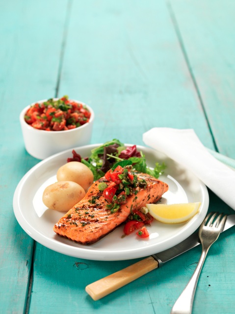 Barbequed Salmon with Cherry Tomato and Caper Relish